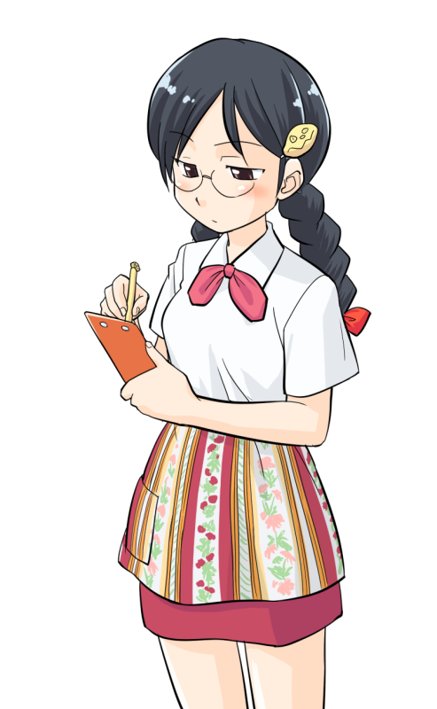 1girl, apron, artist_request, black_hair, bow, bowtie, braid, brown_eyes