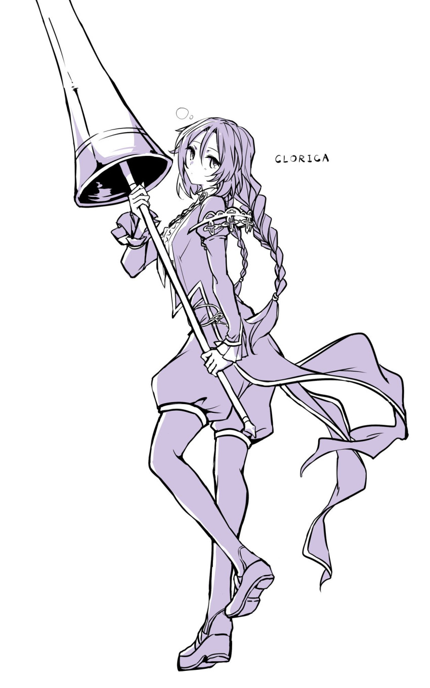1girl, braid, butler, character_name, clorica_(rune_factory), female_butler, fractal_(fractal25), hair_between_eyes, highres, holding, holding_polearm, holding_weapon, juliet_sleeves, lance, long_hair, long_sleeves, looking_at_viewer, monochrome, necktie, polearm, puffy_shorts, puffy_sleeves, rune_factory, rune_factory_4, shorts, solo, squeans, twin_braids, weapon, white_background