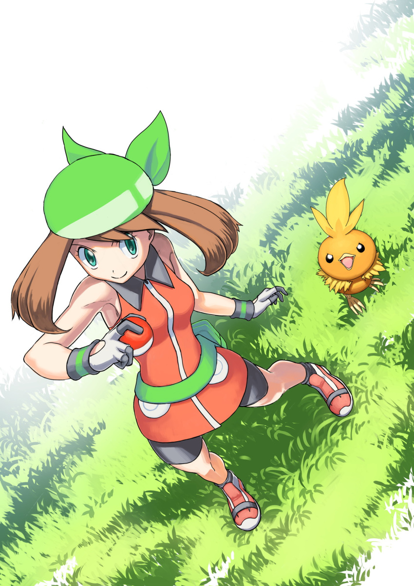 1girl, bandana, bike_shorts, breasts, brown_hair, closed_mouth, collared_dress, commentary_request