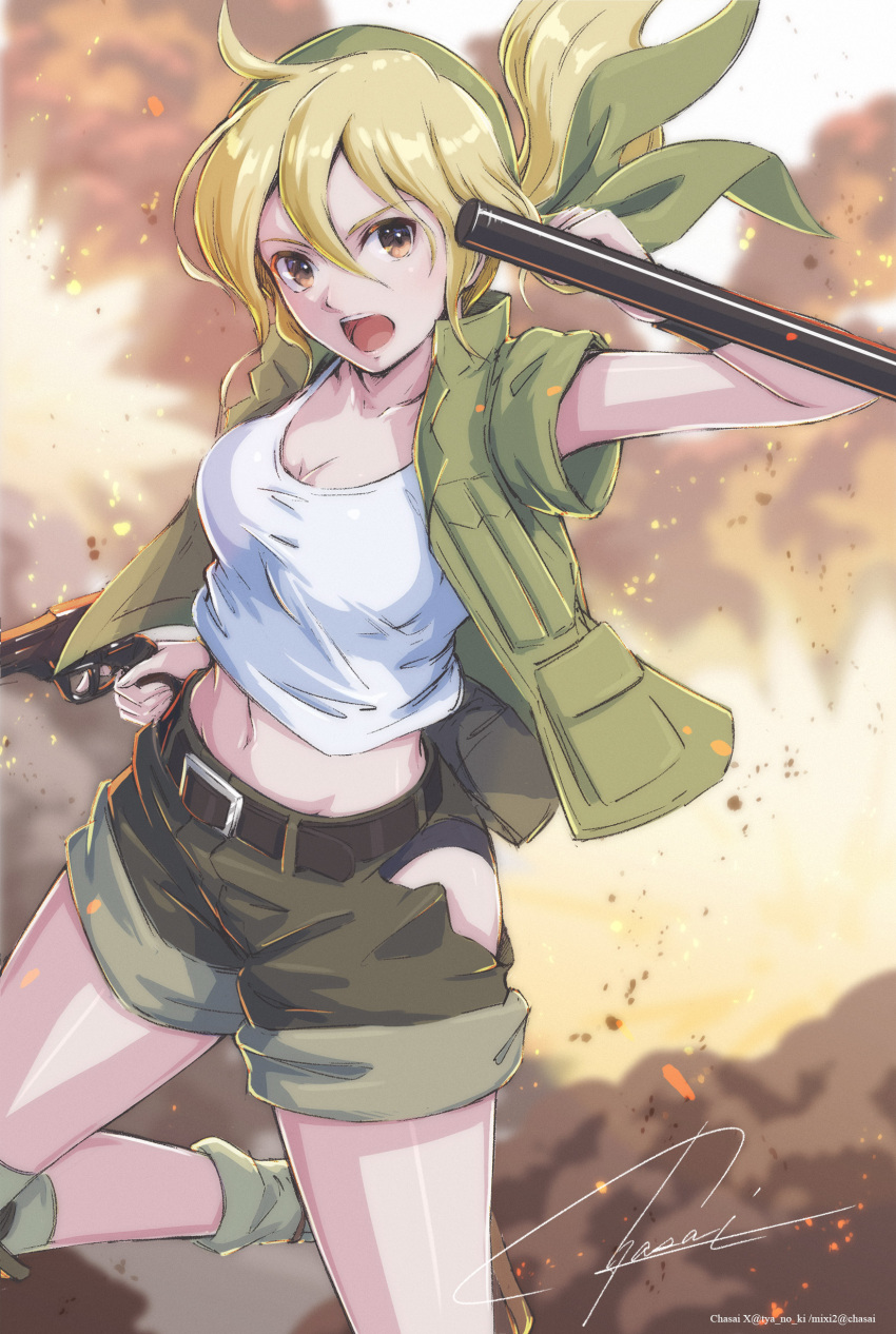 1girl, absurdres, bandana, belt, blonde_hair, breasts, crop_top, explosion