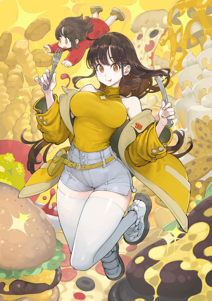 2girls, absurdres, big_sister_(navigavi), breasts, brown_hair, burger, child, coat