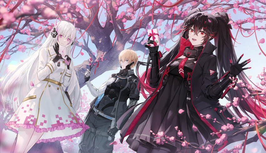 1boy, 2girls, akiyadol, belt, black_hair, blue_eyes, cherry_blossoms, envelope, gift, hair_ornament, hairclip, happy_valentine, headgear, highres, holding, holding_envelope, holding_gift, horns, jacket, lee_(pgr), liv_(pgr), long_hair, looking_at_viewer, lucia_(pgr), mechanical_arms, multicolored_hair, multiple_girls, necktie, official_art, open_clothes, open_jacket, pink_eyes, punishing:_gray_raven, red_eyes, ribbon, smile, tree, twintails, two-tone_hair, valentine, waving, white_hair