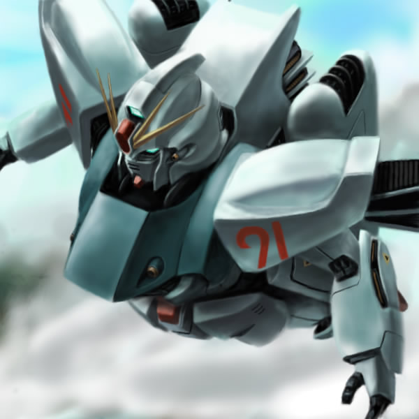 blue_eyes, blue_sky, character_name, clouds, commentary_request, f91_gundam, glowing, glowing_eyes