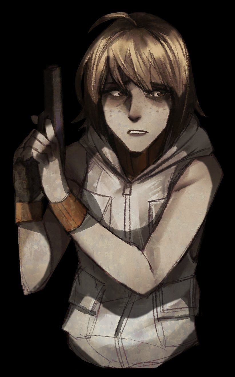 1girl, black_background, brown_eyes, brown_hair, collar, freckles, gun, heather_mason, highres, holding, holding_gun, holding_weapon, konami, nervous, orange_armband, orange_collar, pocket, revealyoursins, silent_hill, silent_hill_(series), silent_hill_3, sleeveless, sleeveless_jacket, solo, solo_focus, weapon