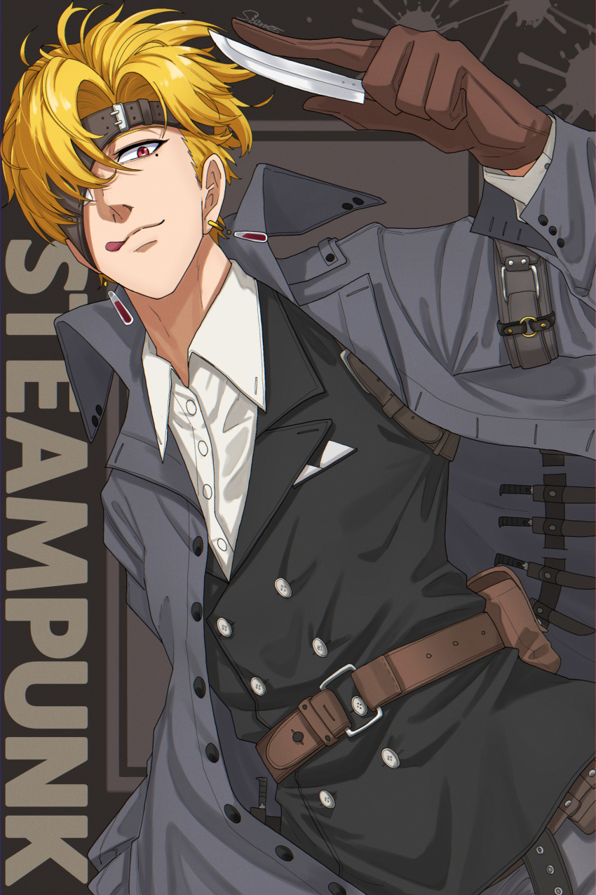 1boy, absurdres, arm_belt, belt, belt_pouch, black_vest, blonde_hair, brown_gloves