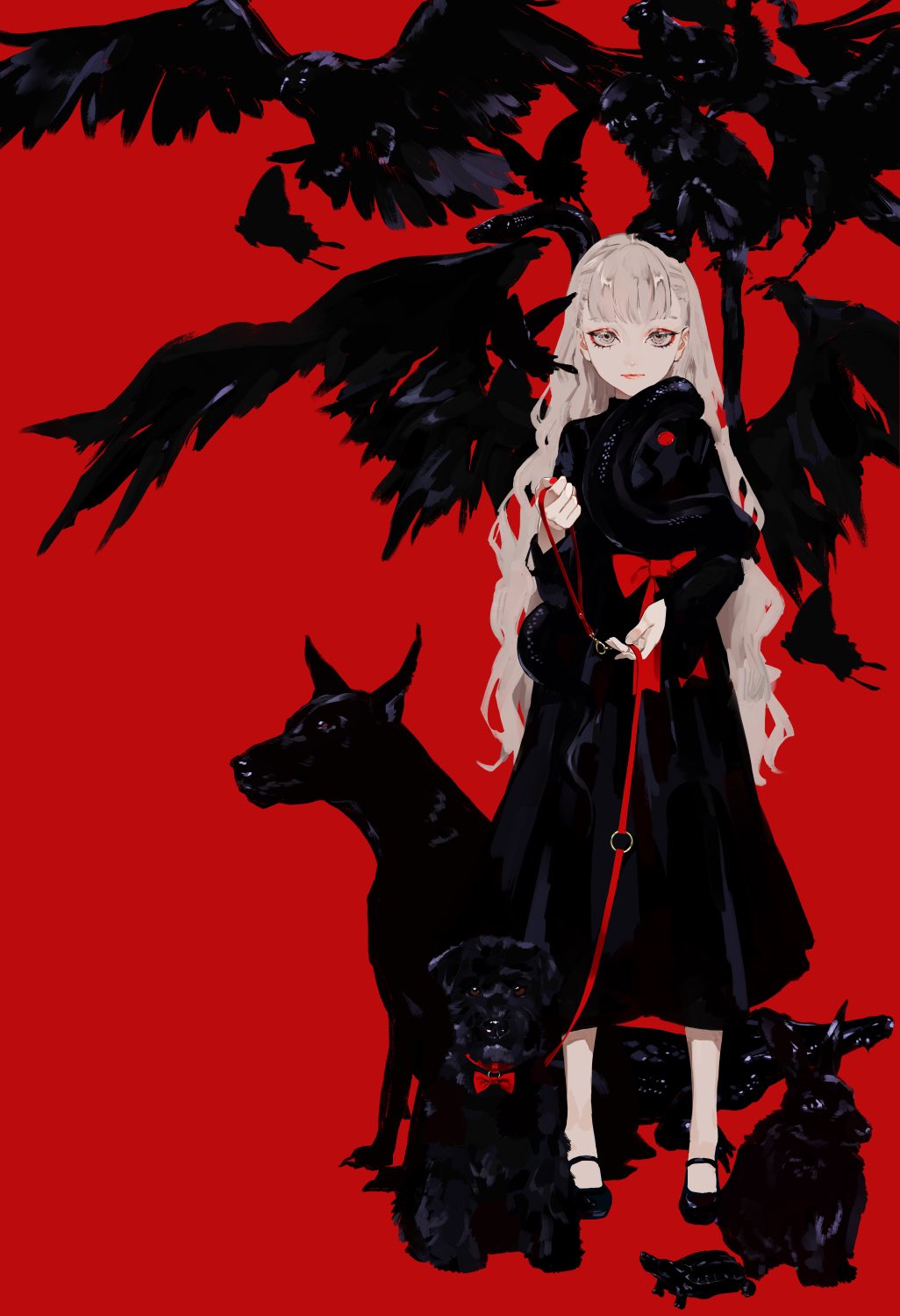 1girl, animal, bird, black_dress, bow, brown_eyes, bug, butterfly, closed_mouth, commentary_request, dog, dress, grey_hair, highres, holding, holding_leash, lam_(ramdayo), leash, long_hair, looking_at_viewer, o-ring, original, rabbit, red_background, red_bow, solo, standing, very_long_hair