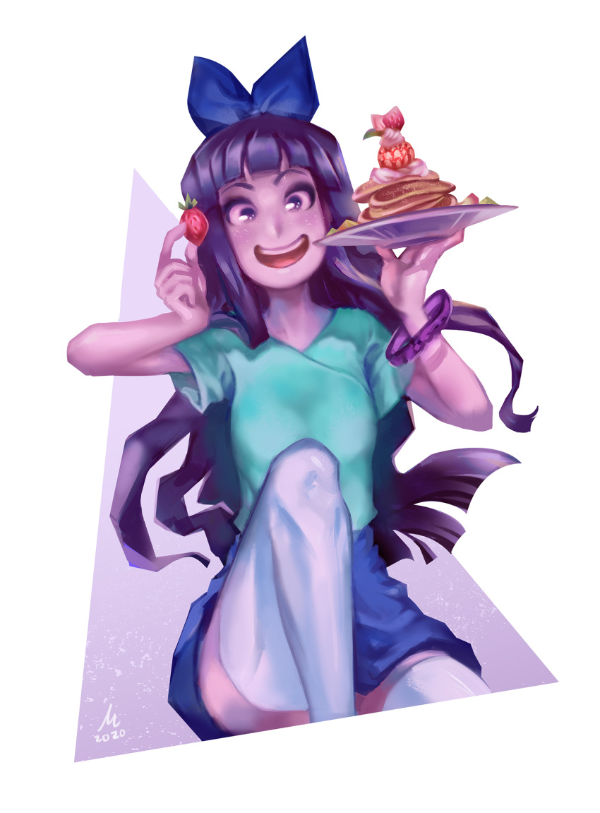 1girl, black_hair, blue_bow, blue_eyes, blue_shirt, bow, dessert, food