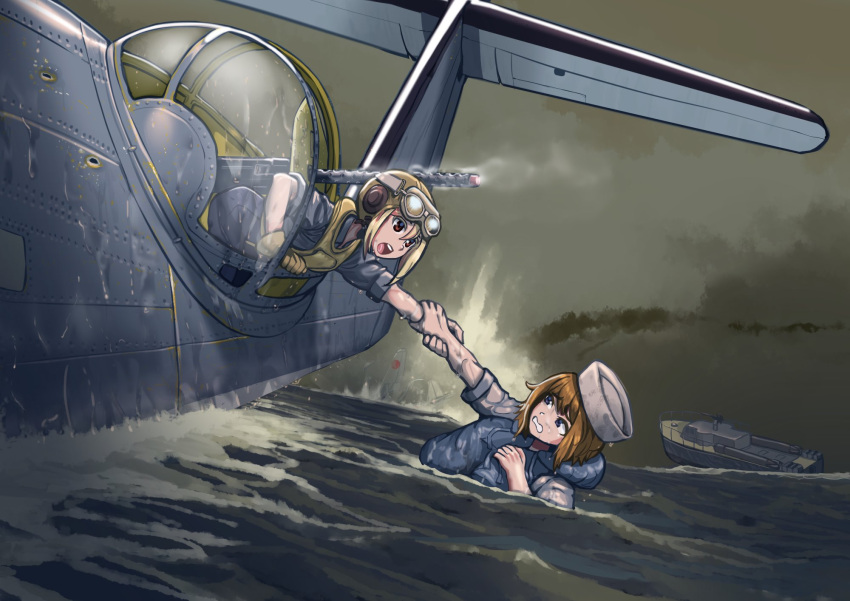 2girls, aircraft, airplane, aviator_cap, barrel_shroud, blonde_hair, brown_eyes, brown_hair