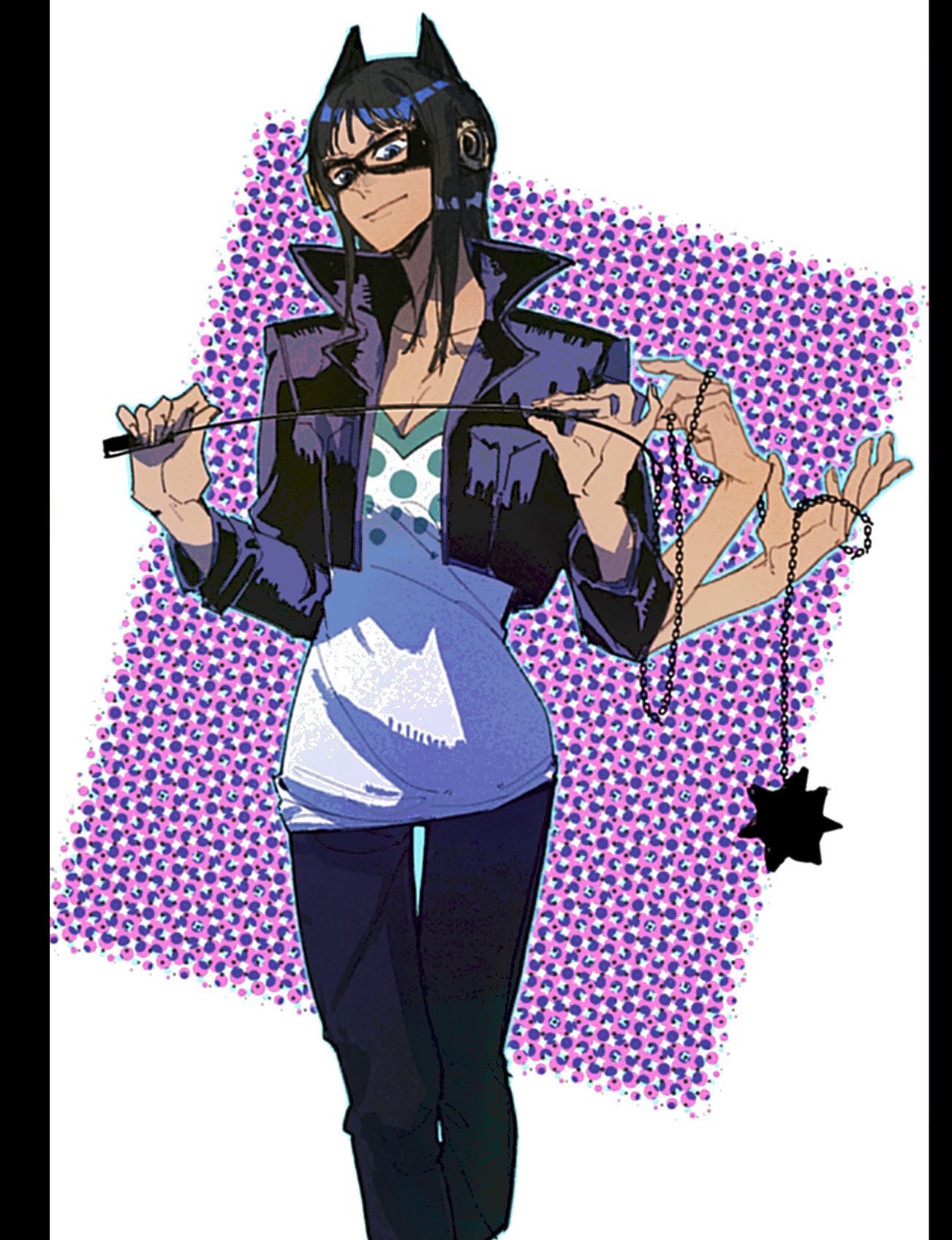 1girl, black_hair, blue_eyes, closed_mouth, cowboy_shot, cropped_jacket, extra_arms, eye_mask, hashtag-only_commentary, highres, holding, holding_weapon, looking_down, medium_hair, nico_robin, one_piece, onecata11, purple_background, shirt, smile, solo, weapon, white_shirt