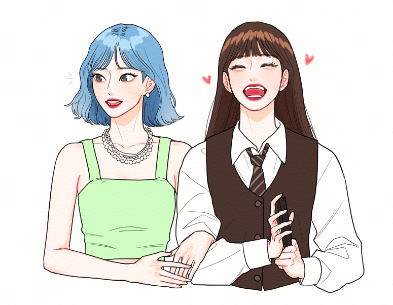 2girls, ^_^, brown_hair, chuu_(loona), closed_eyes, collared_shirt, commentary_request, doo_twodot