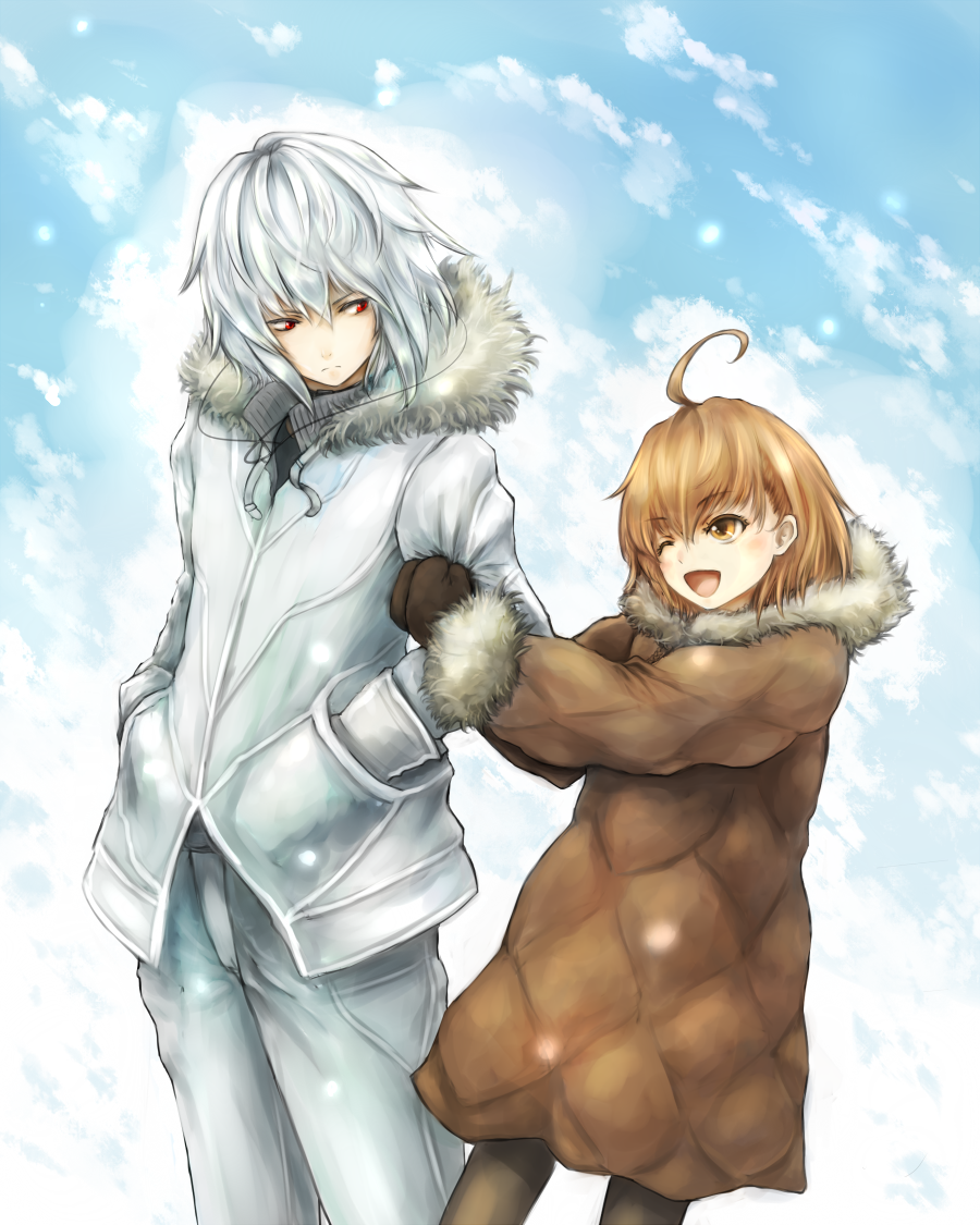 1boy, 1girl, ;d, accelerator_(toaru_majutsu_no_index), age_difference, ahoge, albino, brown_coat