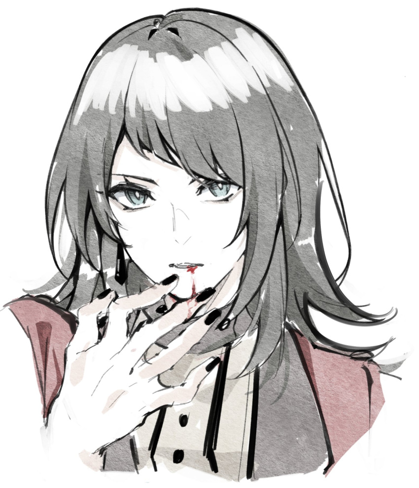 1girl, bang_dream!, bang_dream!_it's_mygo!!!!!, black_hair, black_nails, blood, blood_from_mouth, blood_on_hands, blue_eyes, cheschorv, commentary, earrings, highres, jewelry, medium_hair, nail_polish, simple_background, solo, timoris_(bang_dream!), upper_body, white_background, yahata_umiri