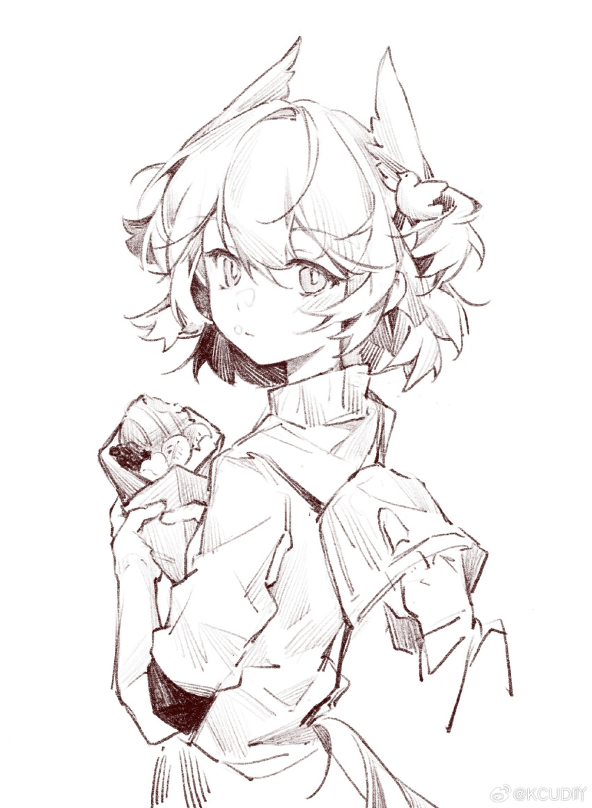 1girl, arknights, brown_theme, chinese_commentary, closed_mouth, commentary_request, cowboy_shot, fiammetta_(arknights)