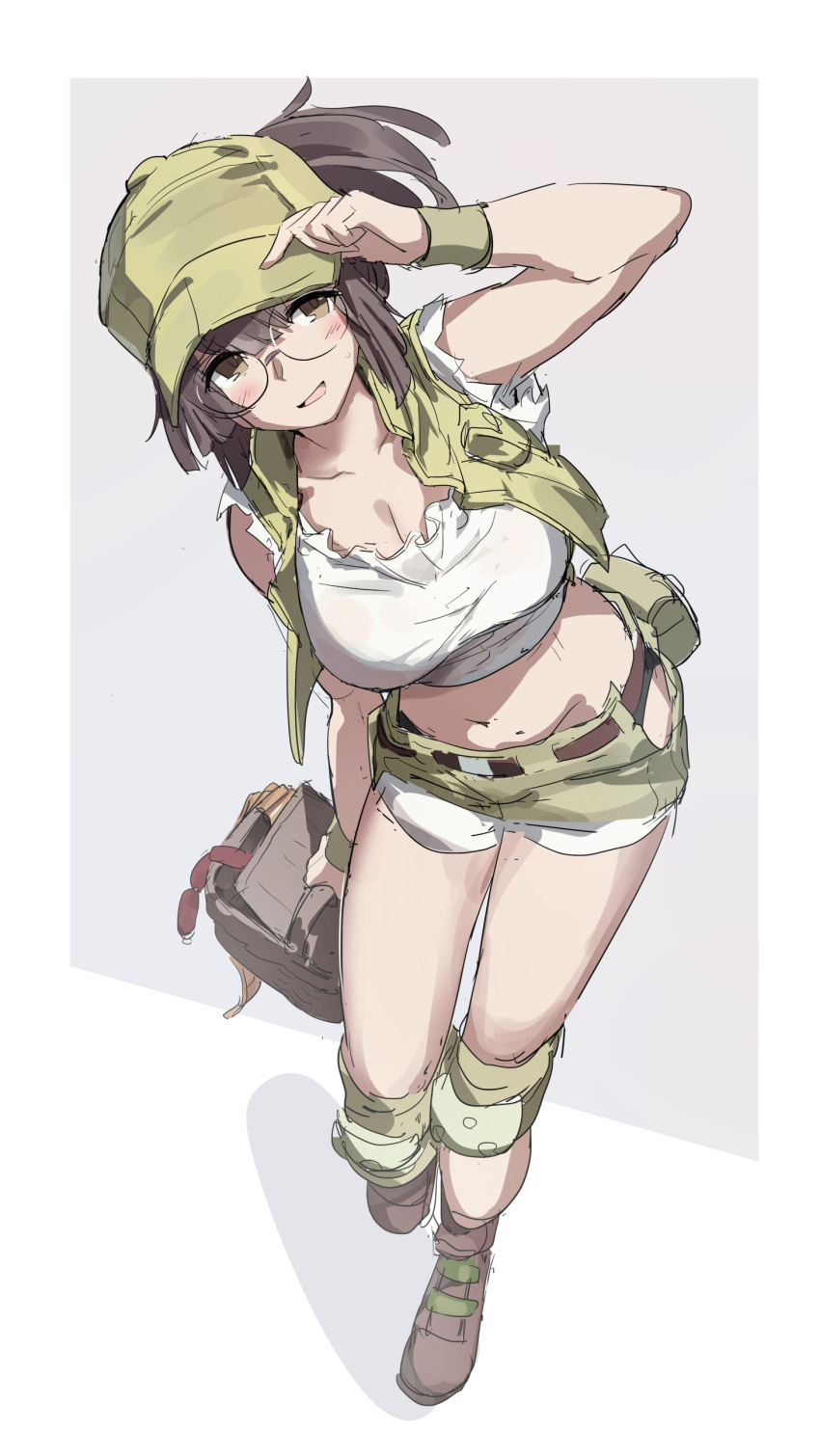 1girl, absurdres, baseball_cap, basket, belt, belt_pouch, blush, breasts