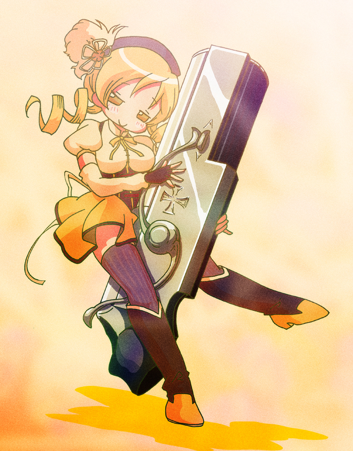:>, between_legs, bfg, blonde_hair, blush, drill_hair, fingerless_gloves, gloves