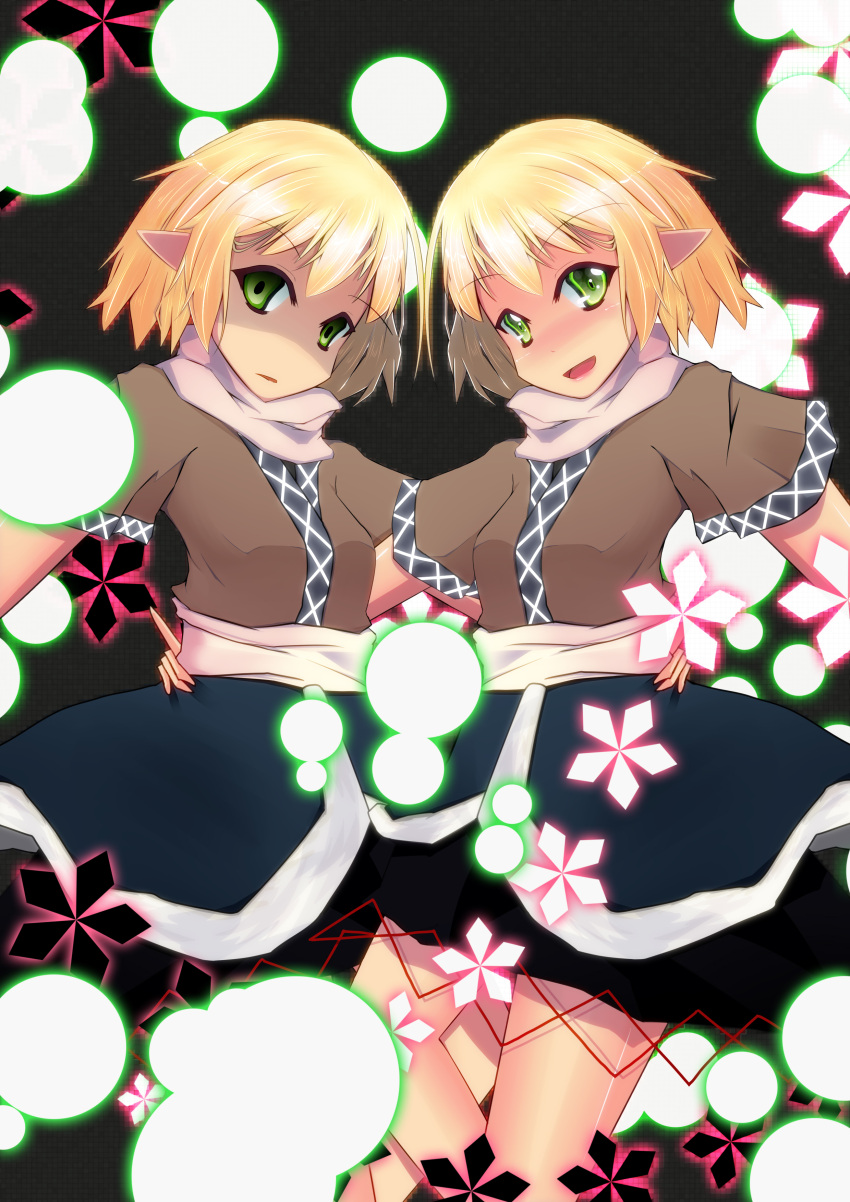 absurdres, blonde_hair, dual_persona, dull_eyes, empty_eyes, enkin, green_eyes, hand_on_hip, highres, hips, mizuhashi_parsee, multiple_girls, open_mouth, pointy_ears, scarf, short_hair, smile, touhou