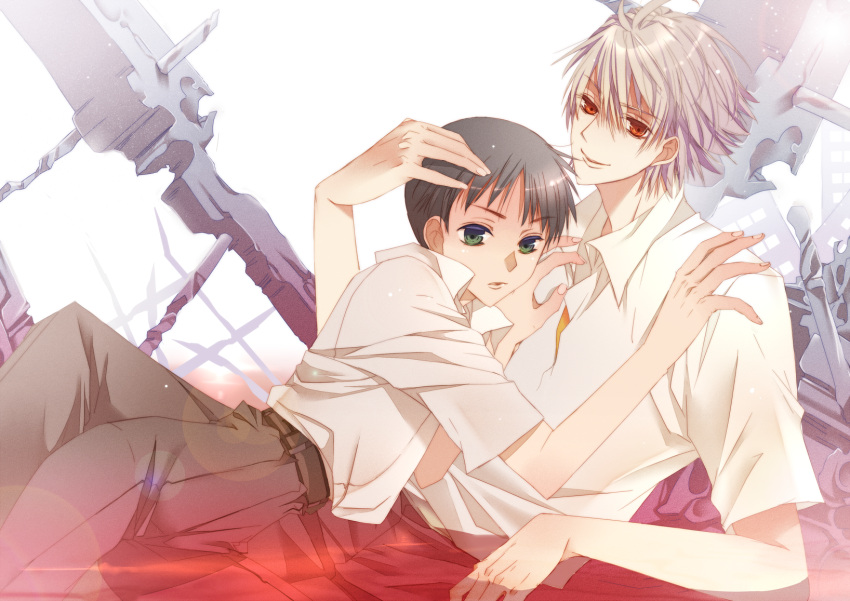bad_id, black_hair, green_eyes, highres, ikari_shinji, male, multiple_boys, nagisa_kaworu