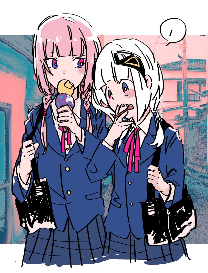 !, 2girls, alternate_costume, bad_id, bad_twitter_id, bag, blazer, blue_background