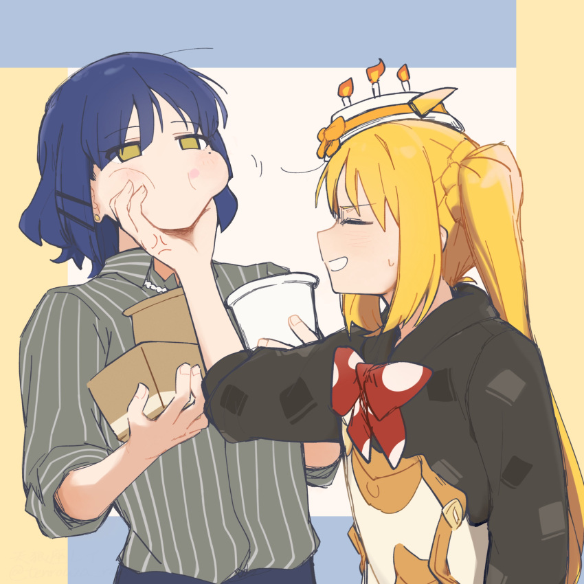 2girls, absurdres, ahoge, black_shirt, blonde_hair, blue_hair, bocchi_the_rock!, bow, bowtie, cheek_pinching, closed_eyes, commentary_request, cup, grey_shirt, hair_ornament, hairclip, hat, highres, holding, holding_cup, ijichi_nijika, long_hair, mole, mole_under_eye, multiple_girls, open_mouth, pinching, polka_dot_bowtie, red_bow, red_bowtie, shirt, short_hair, side_ponytail, sidelocks, sweatdrop, tenrouza_ray, white_hat, yamada_ryo, yellow_eyes