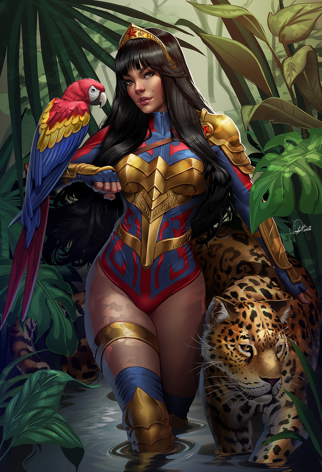 1girl, animal_on_arm, armor, artist_name, bird, bird_on_arm, black_hair, blue-and-yellow_macaw, blue_gloves, blue_leotard, breasts, brown_eyes, dark-skinned_female, dark_skin, dc_comics, douglas_bicalho, english_commentary, fingerless_gloves, gloves, highres, jaguar, jungle, leotard, long_hair, looking_at_viewer, macaw, medium_breasts, mole, mole_on_cheek, multicolored_leotard, nature, paid_reward_available, parrot, parted_lips, pauldrons, red_leotard, shoulder_armor, single_pauldron, sleeved_leotard, solo, tiara, turtleneck, turtleneck_leotard, two-tone_leotard, vambraces, wading, walking, wonder_woman, wonder_woman_(series), yara_flor