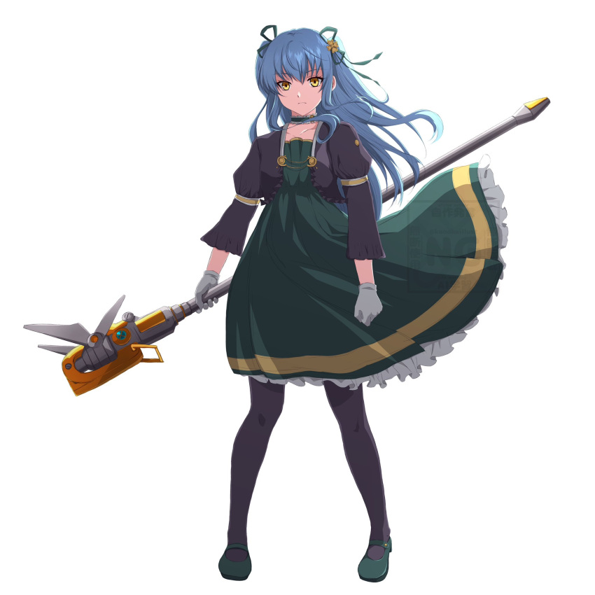 1girl, black_pantyhose, blue_hair, bow, dress, eiyuu_densetsu, evening_gown, formal_clothes
