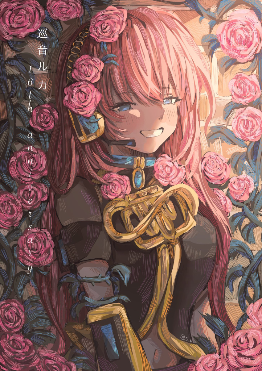 1girl, against_wall, anniversary, black_shirt, blue_brooch, blue_eyes, blush, breasts