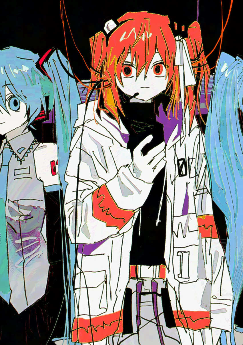 3girls, a.i._voice, adachi_rei, belt, black_background, black_shirt, blue_eyes, blue_hair