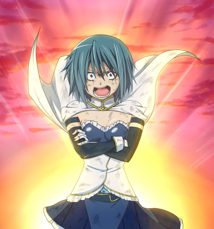 blue_eyes, blue_hair, breasts, cape, cleavage, cloud, crossed_arms, elbow_gloves