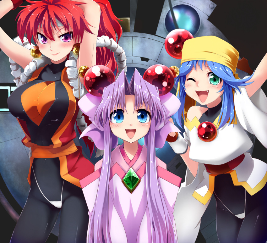 arms_up, bandana, bandanna, bloodberry, blue_eyes, blue_hair, breasts, cherry_(saber_j)