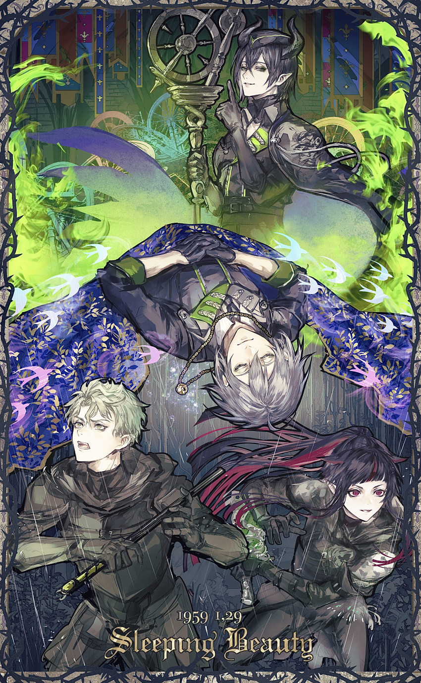 4boys, absurdres, anniversary, armor, belt, belt_buckle, bird, black_armor