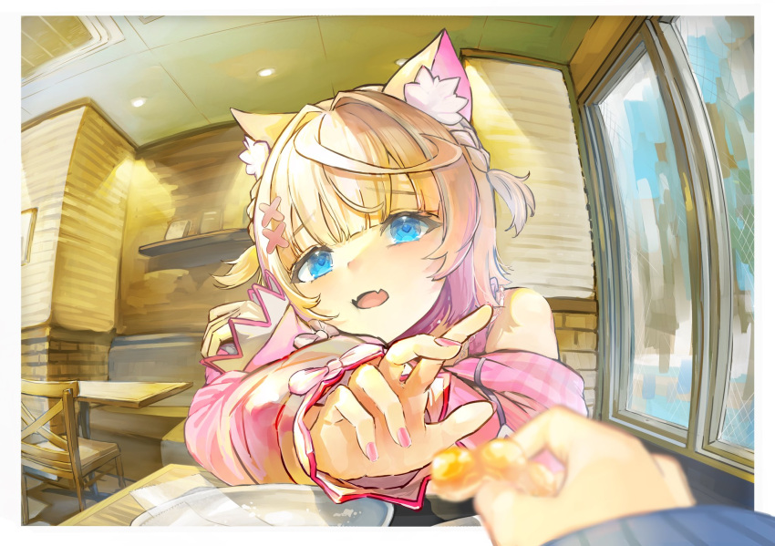2girls, animal_ears, blonde_hair, blue_eyes, blurry, blurry_foreground, ceiling, dog_ears, dog_girl, doughnut, fangs, food, fuwawa_abyssgard, fuwawa_abyssgard_(casual), gradient_hair, hair_ornament, highres, hololive, hololive_english, indoors, jacket, jw_2140, looking_at_viewer, mococo_abyssgard, mococo_abyssgard_(casual), multicolored_hair, multiple_girls, official_alternate_costume, open_mouth, pink_hair, pink_jacket, pink_nails, pon_de_ring, siblings, sisters, skin_fangs, two_side_up, virtual_youtuber, window, x_hair_ornament