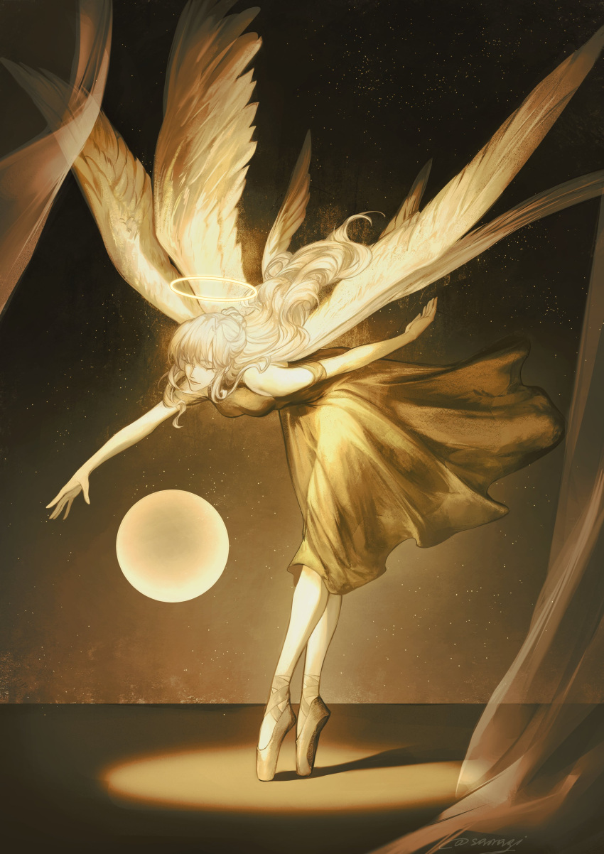 1girl, absurdres, angel, angel_wings, ballet_slippers, blonde_hair, brown_dress, commentary