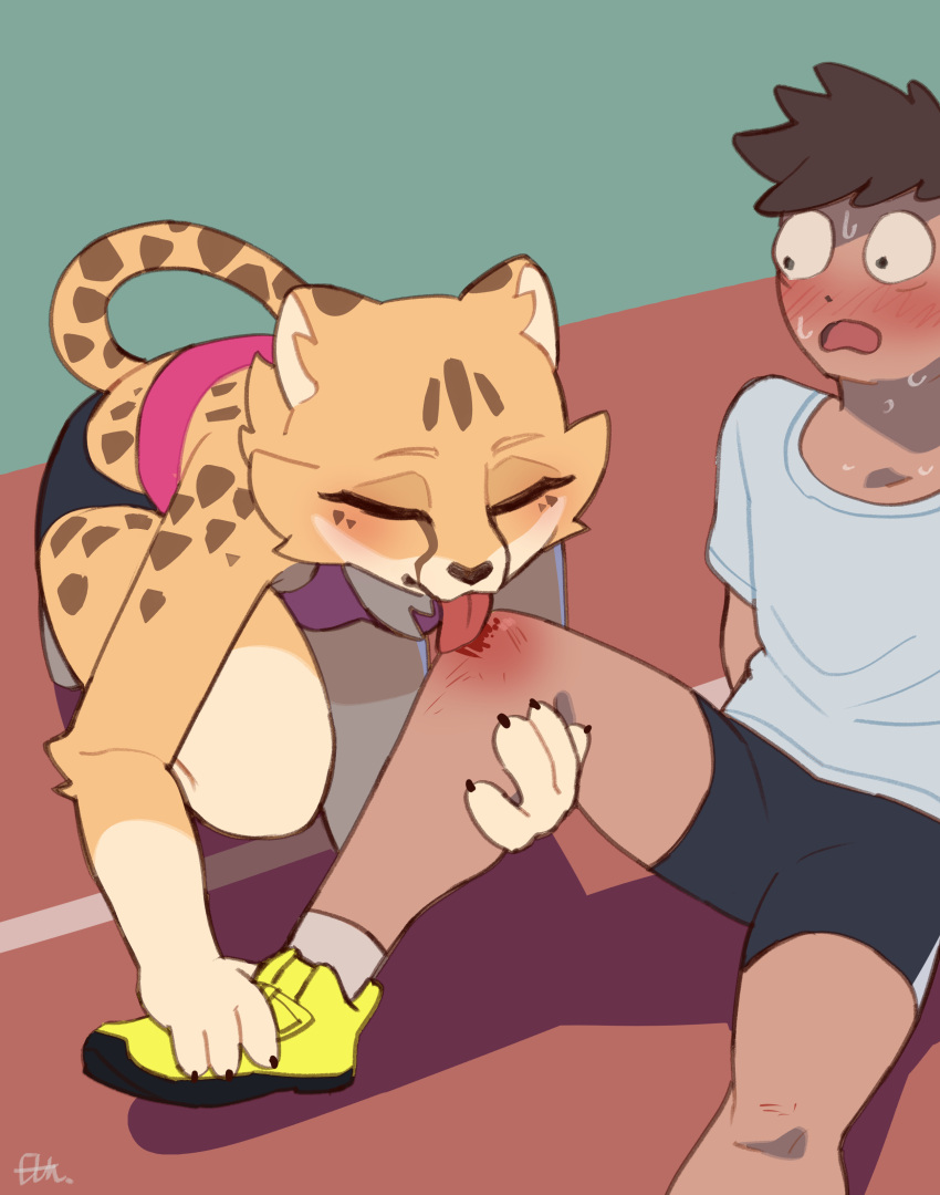 1boy, 1girl, absurdres, animal_print, black_buruma, black_shorts, blush, body_fur