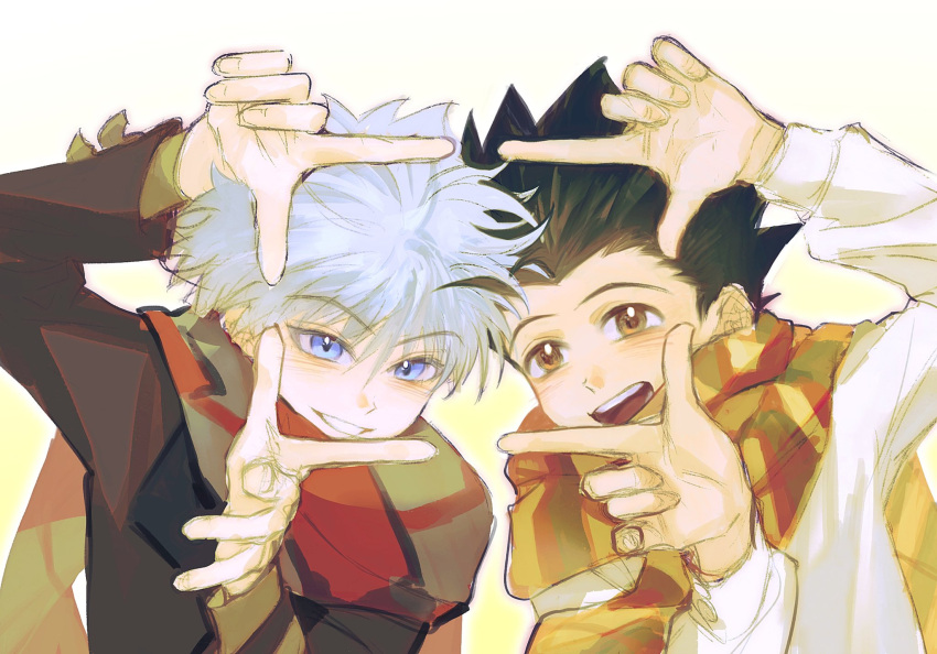 2boys, :d, arms_up, black_hair, blue_eyes, blush, brown_eyes, brown_hair