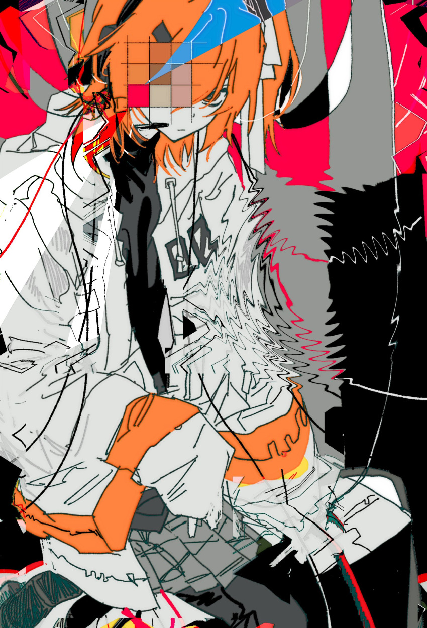 1girl, a.i._voice, abstract_background, adachi_rei, black_background, black_pantyhose, closed_mouth, distortion, expressionless, feet_out_of_frame, gloves, goguma_wagamja, grey_skirt, grid, hair_ribbon, headset, highres, hood, hood_down, hooded_jacket, image_warping, invisible_chair, jacket, long_sleeves, looking_at_viewer, medium_hair, one_eye_covered, one_side_up, open_clothes, open_jacket, orange_eyes, orange_hair, pantyhose, pleated_skirt, red_background, ribbon, ripples, sitting, skirt, sleeves_past_wrists, solo, utau, white_gloves, white_jacket, white_ribbon