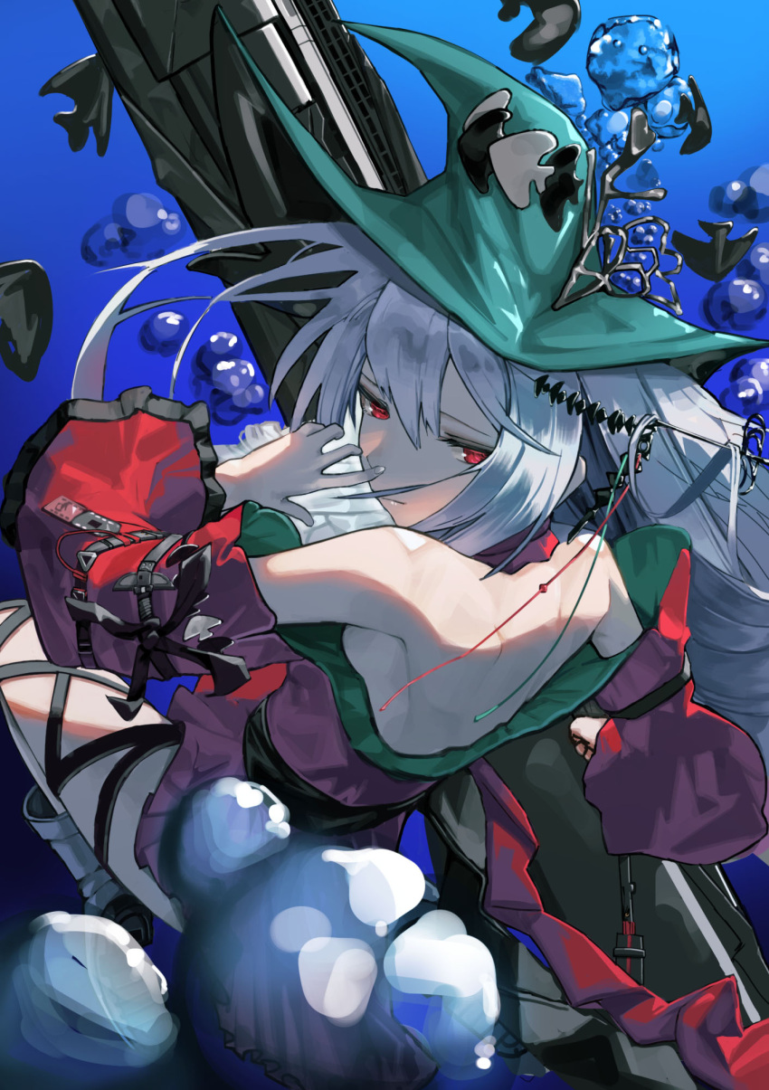 1girl, aoi_wakashi_chiyo, aqua_hat, arknights, bare_back, bare_shoulders, closed_mouth, detached_sleeves