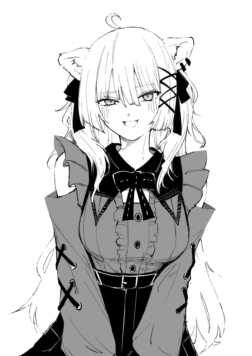 1girl, :d, absurdres, ahoge, animal_ear_piercing, animal_ears, blush, bow, bowtie, breasts, center_frills, clothing_cutout, commentary, cross-laced_clothes, cross-laced_sleeves, detached_collar, double-parted_bangs, fangs, frills, greyscale, hair_between_eyes, hair_ornament, hair_ribbon, high-waist_skirt, highres, hololive, jirai_kei, large_breasts, lion_ears, long_hair, long_sleeves, looking_at_viewer, messy_hair, monochrome, not_nodu, official_alternate_costume, official_alternate_hairstyle, open_mouth, ribbon, shishiro_botan, shishiro_botan_(jirai_kei), shoulder_cutout, sidelocks, simple_background, skirt, smile, smug, solo, underbust, virtual_youtuber, wavy_hair, white_background, x_hair_ornament