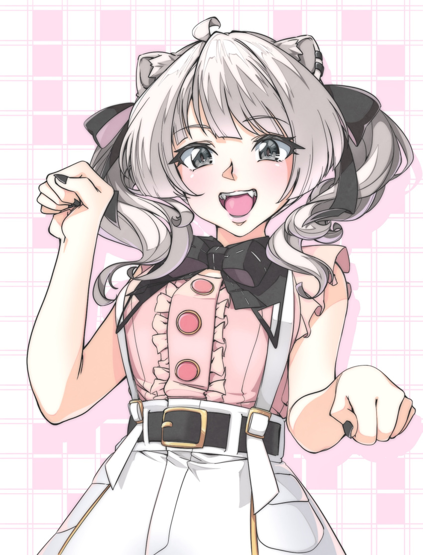1girl, :d, ahoge, animal_ear_piercing, animal_ears, black_bow, black_bowtie, black_nails, black_socks, blunt_bangs, blunt_sidelocks, bow, bowtie, break_yamada, buttons, center_frills, commentary_request, detached_collar, fangs, fingernails, frills, grey_eyes, grey_hair, grid_background, high-waist_skirt, highres, hololive, jirai_kei, lion_ears, long_hair, looking_at_viewer, medium_hair, nail_polish, official_alternate_costume, official_alternate_hairstyle, open_mouth, paw_pose, pink_background, pink_shirt, puritan_collar, sharp_fingernails, shirt, shishiro_botan, shishiro_botan_(jirai_kei), skirt, sleeveless, sleeveless_shirt, smile, socks, solo, suspender_skirt, suspenders, swept_bangs, teeth, twintails, upper_body, upper_teeth_only, virtual_youtuber, wavy_hair, white_skirt