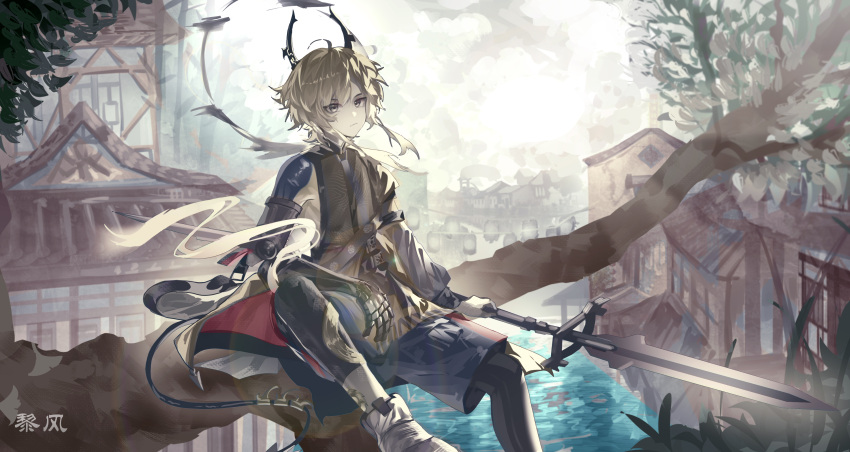 1boy, absurdres, ahoge, arknights, arknights:_endfield, birchboat, black_eyes, black_horns, chinese_commentary, closed_mouth, commentary_request, expressionless, grey_hair, highres, holding, holding_polearm, holding_weapon, horns, leggings, leggings_under_shorts, lifeng_(endfield), looking_at_viewer, male_focus, naginata, outdoors, polearm, purple_shorts, short_hair, shorts, sitting, solo, tail, weapon