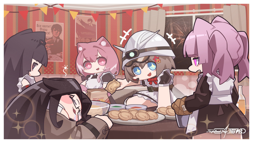 5girls, :d, absurdres, animal_ears, apron, black_dress, black_hair, blue_eyes