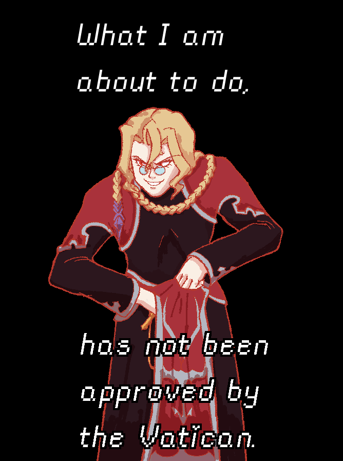 1boy, blonde_hair, braid, braided_ponytail, cloak, english_text, evil_grin, evil_smile