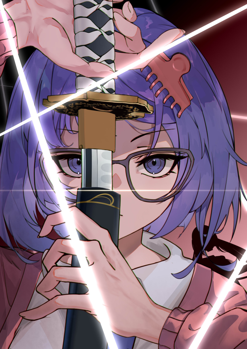 2girls, absurdres, black-framed_eyewear, cardigan, claw_hair_clip, commentary_request, crazy_mita_(miside), decapitation