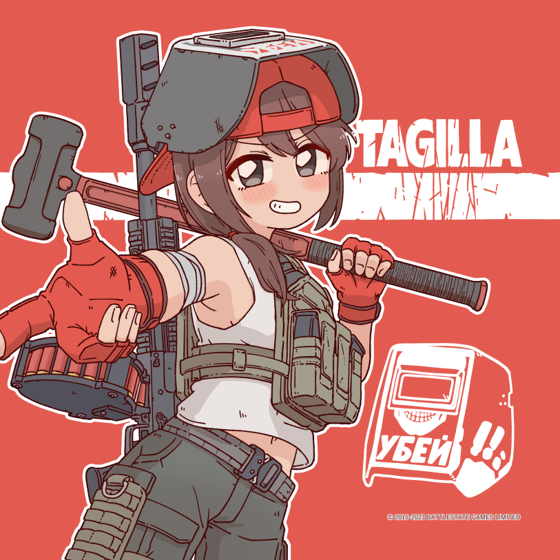 1girl, backwards_hat, baseball_cap, belt, blush, bocchi-ya-nawi, brown_hair, bulletproof_vest