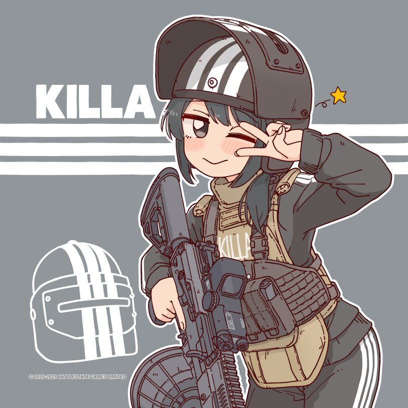 1girl, altyn_helmet, arm_up, black_hat, black_jacket, black_pants, blush, bocchi-ya-nawi