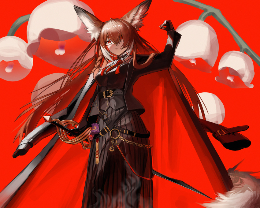1girl, ahoge, animal_ear_fluff, animal_ears, aoi_wakashi_chiyo, arknights, arm_up, belt