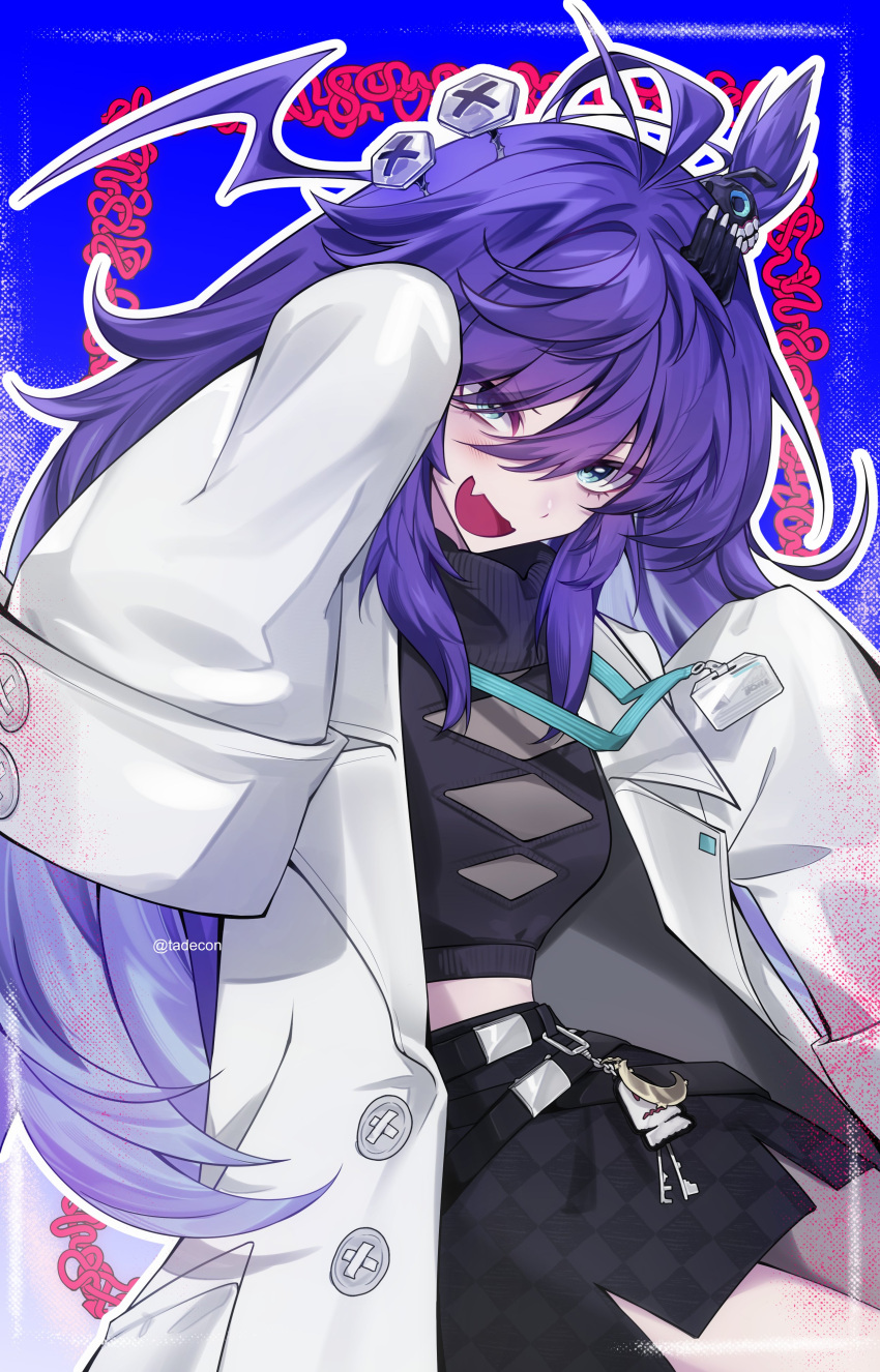 1girl, absurdres, belt, black_belt, black_shirt, black_skirt, blue_eyes, breasts