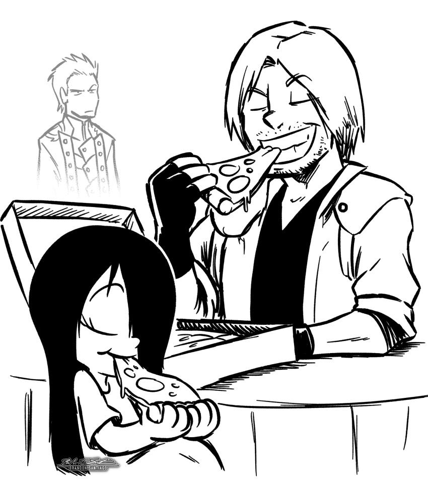 1girl, 2boys, annoyed, bad_link, beard, beard_stubble, black_border, black_gloves