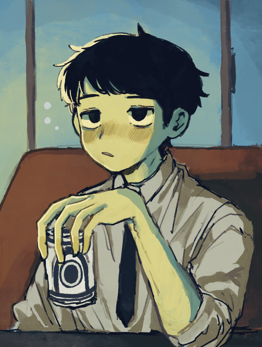1boy, 4rane_tu, alcohol, beer_can, black_eyes, black_hair, black_necktie, blush