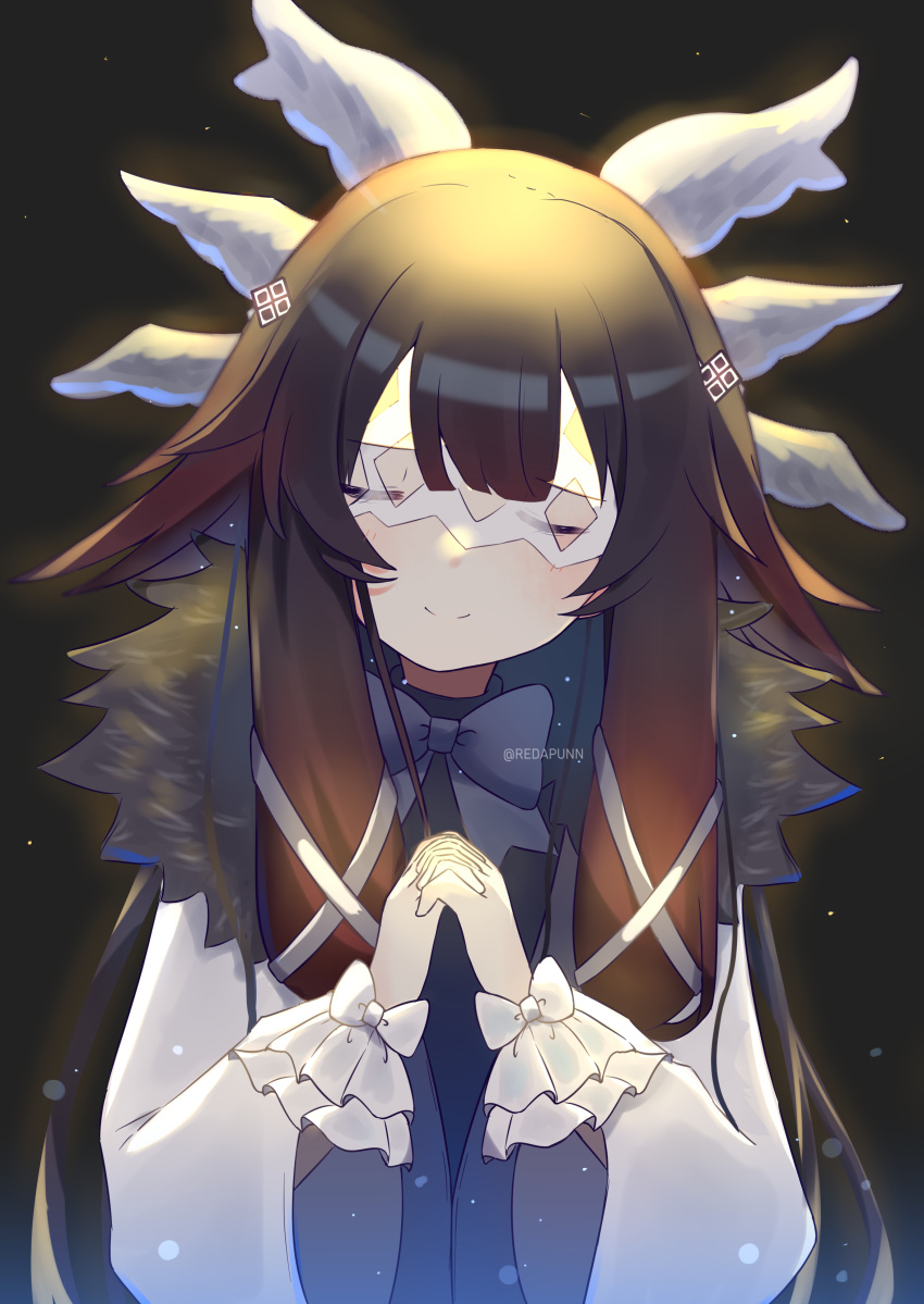 1girl, absurdres, black_hair, bow, closed_eyes, coat, columbina_(genshin_impact), dress