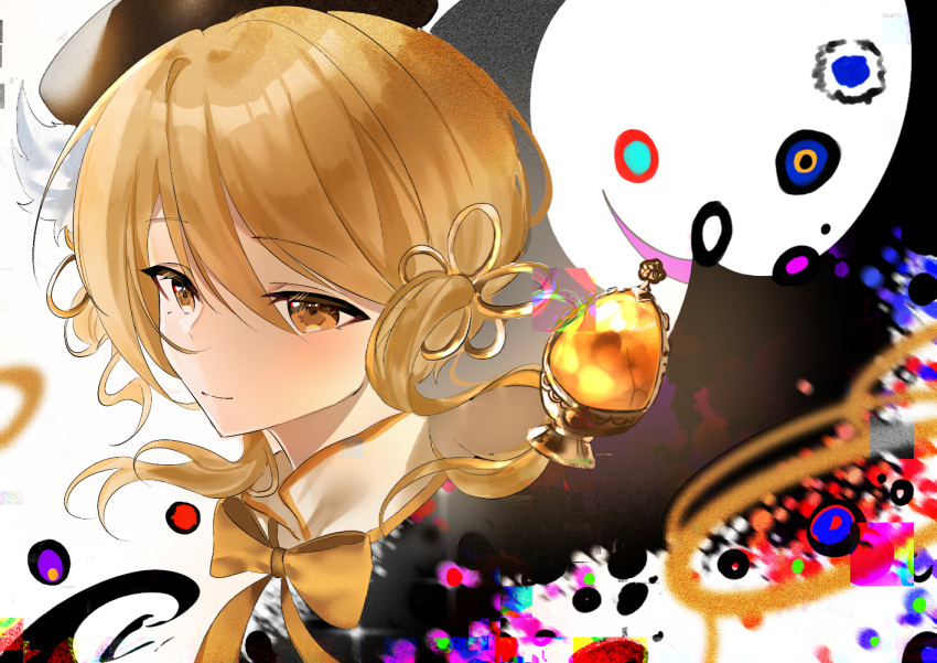 1girl, abstract_background, beret, blonde_hair, collar, hat, head_only, looking_at_viewer
